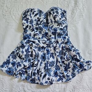 New Bal Harbor swim strapless one piece swimsuit skirted blue white floral 16